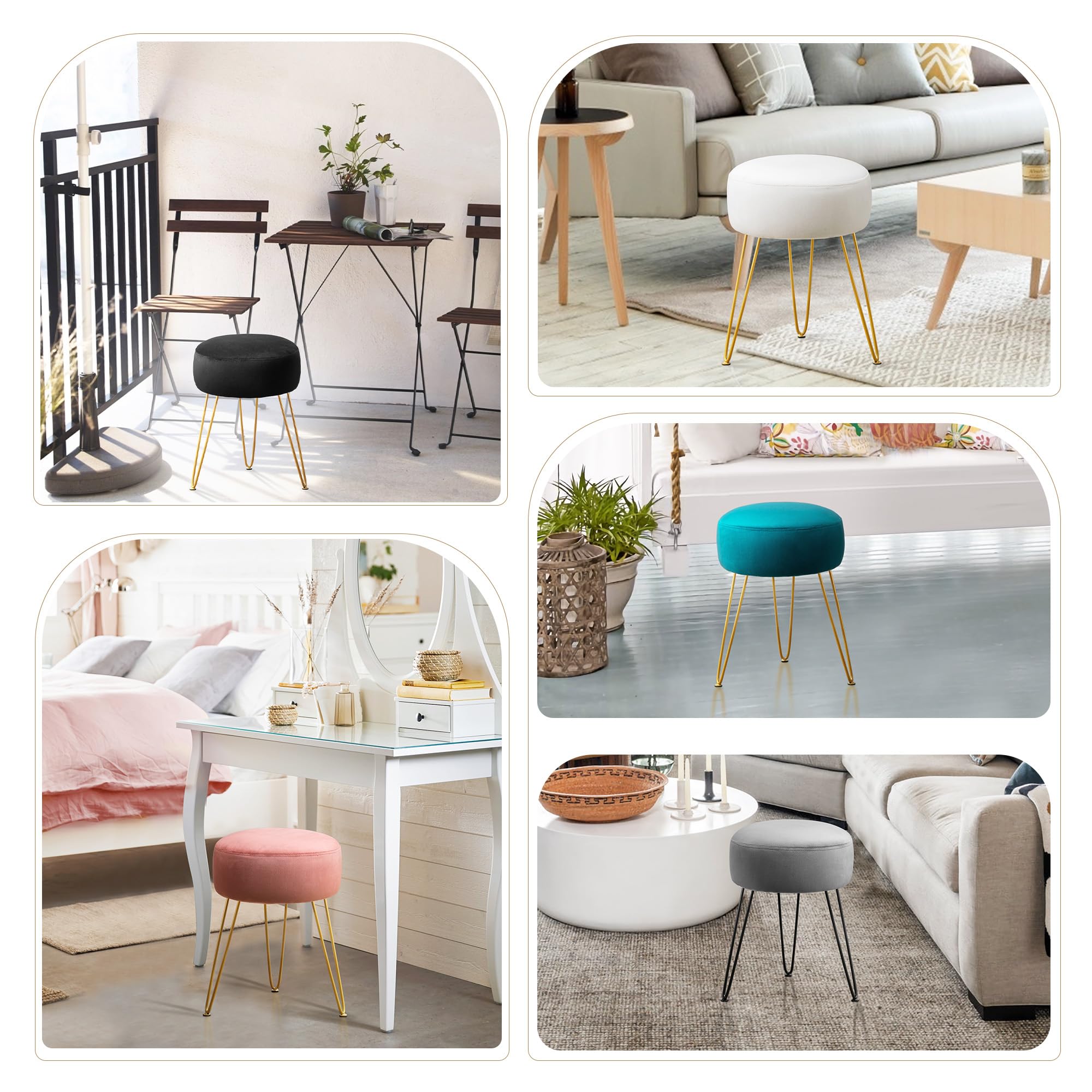 LUE BONA Velvet Round Stool Dressing Table Stool, Makeup Vanity Stool, Ottoman Padded Stool Metal Legs Support, White