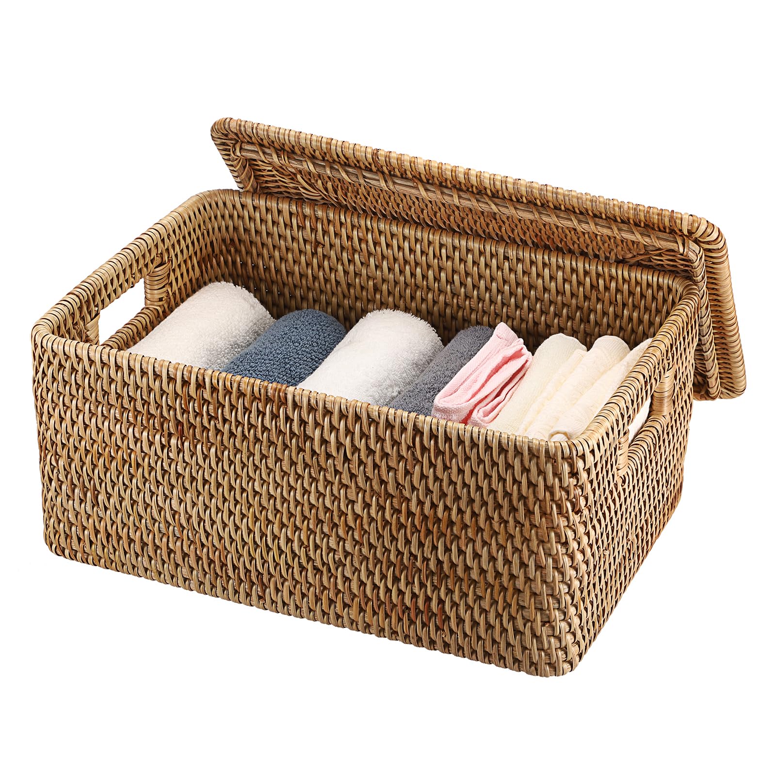 IGNPION Rattan Storage Basket With Lid, Wicker Decorative Storage Basket for Shelves Bathroom Woven Storage Box