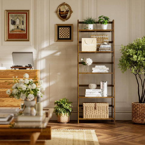 vovala Ladder Shelf, 5-Tier Bookshelf, All Bamboo Heavy Duty Bookcase, Freestanding Open Wood Storage Rack