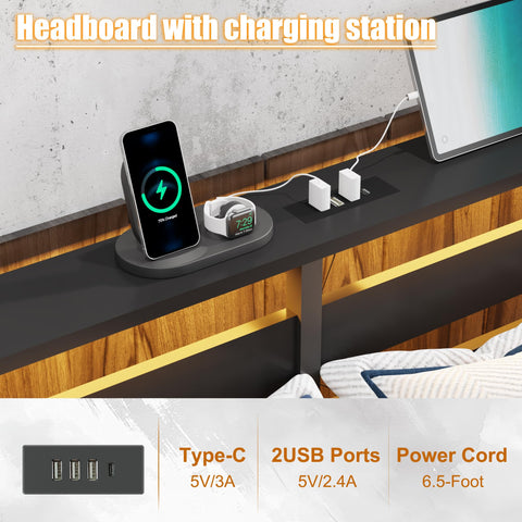 XINBEDEU King Metal Bed Frame with USB Charging Station, LED Lights & Storage Headboard – Heavy Duty Black Platform Bed with 31.5 cm Underbed Storage