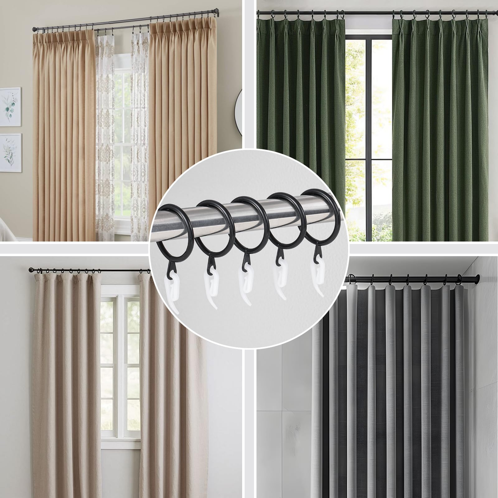 24 Pieces black metal curtain rings and 24 Pieces white plastic Curtain Hooks for curtains (30mm internal diameter)