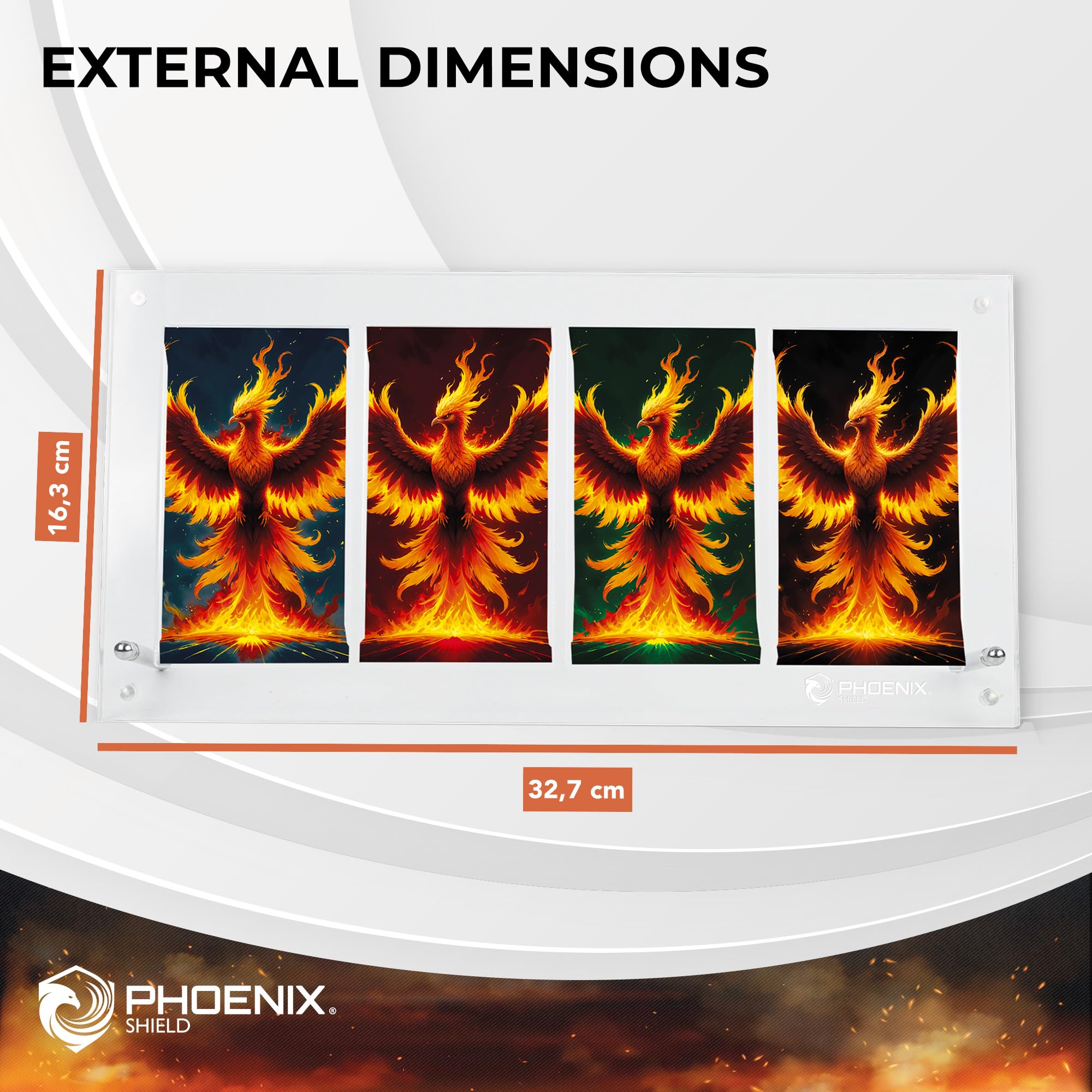 PHOENIX SHIELD | Transparent Acrylic Display Stand for 4 Boosters, Protection and Display of Trading Cards
