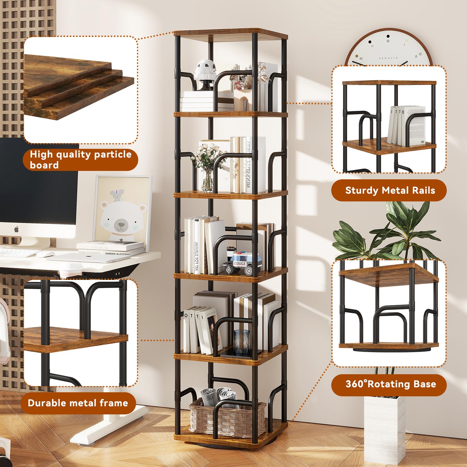 IBUYKE 6 Tier Rotating Bookshelf,Square Bookcases,Brown TBC005H
