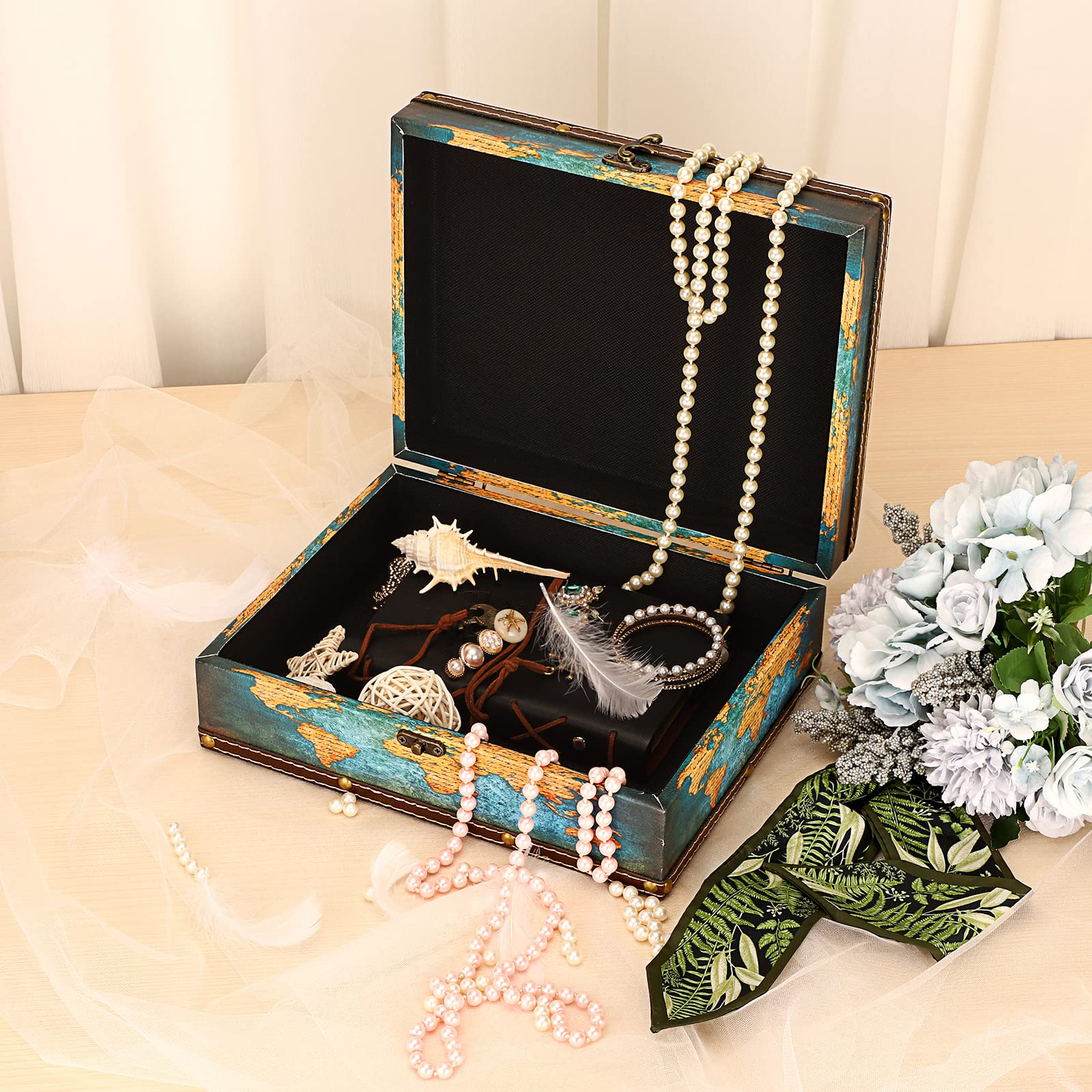 SUMNACON Vintage Treasure Storage Box with Latch 27.2*21.5*9.4cm, Green Map