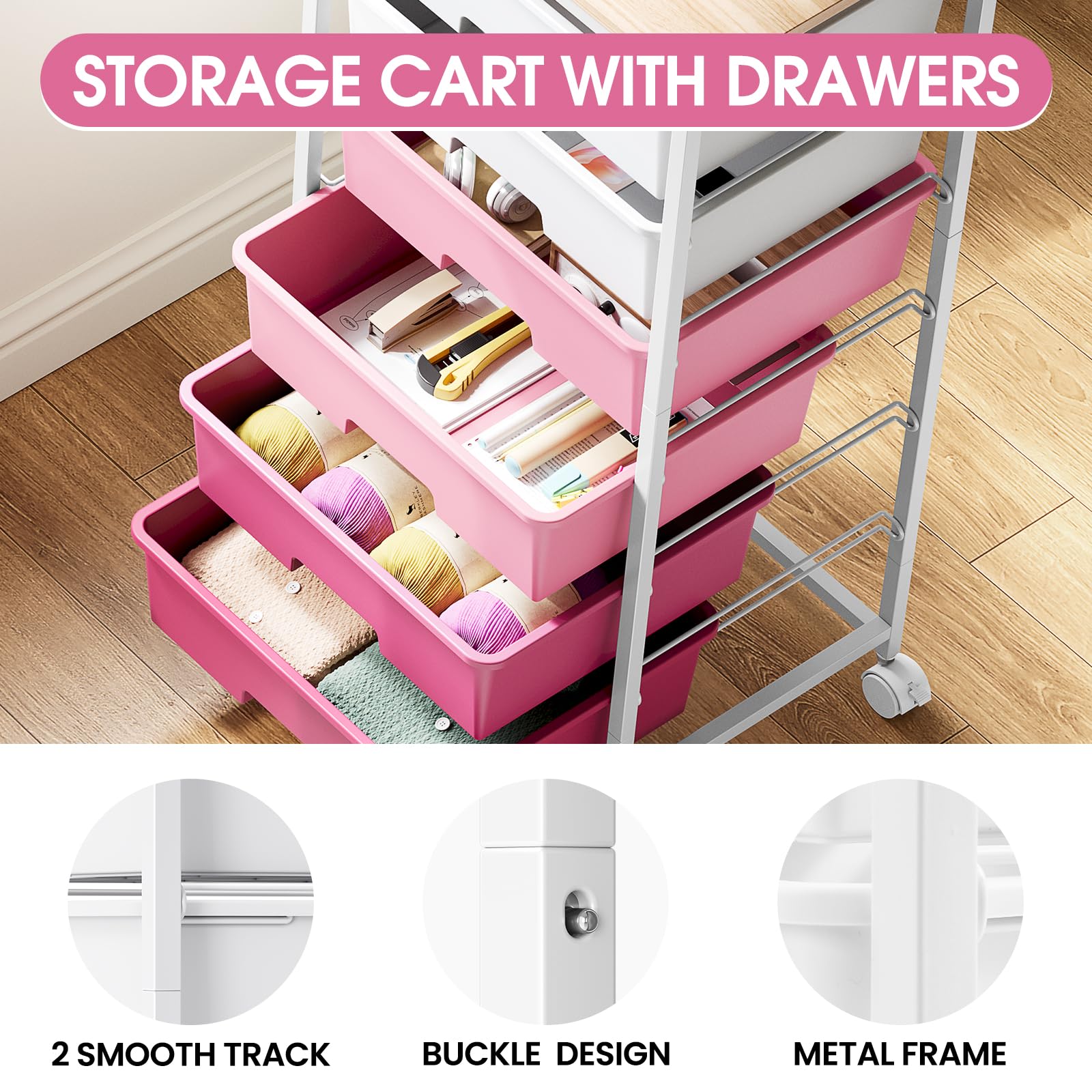 6-Drawer Craft Organizer Trolley Cart with Wooden Top, Pink