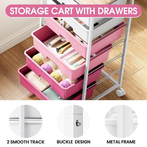 6-Drawer Craft Organizer Trolley Cart with Wooden Top, Pink