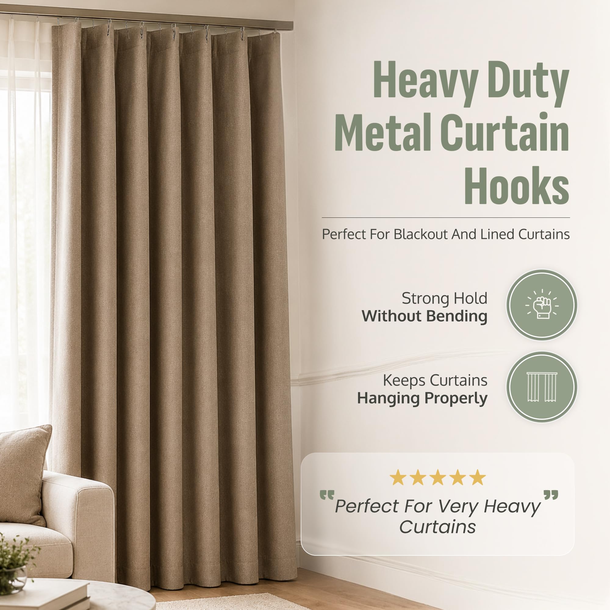 Metal Curtain Hooks - Heavy Duty Zinc Pin Hooks, 50 Pack Curtain Pins for Pencil Pleat & Pinch Pleat Heavy Lined Curtains, Heading Tape, Tracks