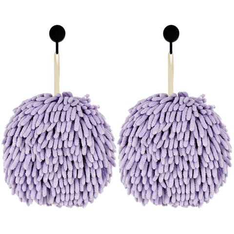 Fuzzy Ball Hand Towels, Set of 2, Chenille Quick Dry, 6.9inch(Purple)