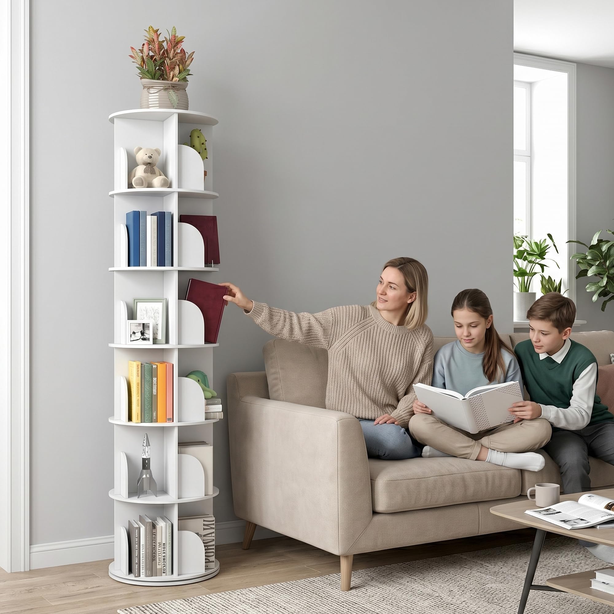 tonchean 6-Tier Rotating Bookcase, Large Standing Shelf, Rotating Shelf, 190 cm