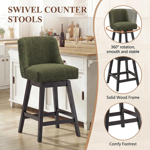 Bar Stools Set of 6, 360° Swivel Upholstered Counter Stools with Back, Wooden Frame Kitchen Bar Chairs with Nailhead Trim