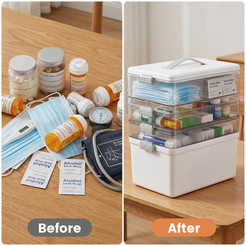 TranRantic 4-Layer Medicine Storage Box, 33.5×22×29cm Large Medicine Box with Leather Handle, Multifunctional Medication Storage Box