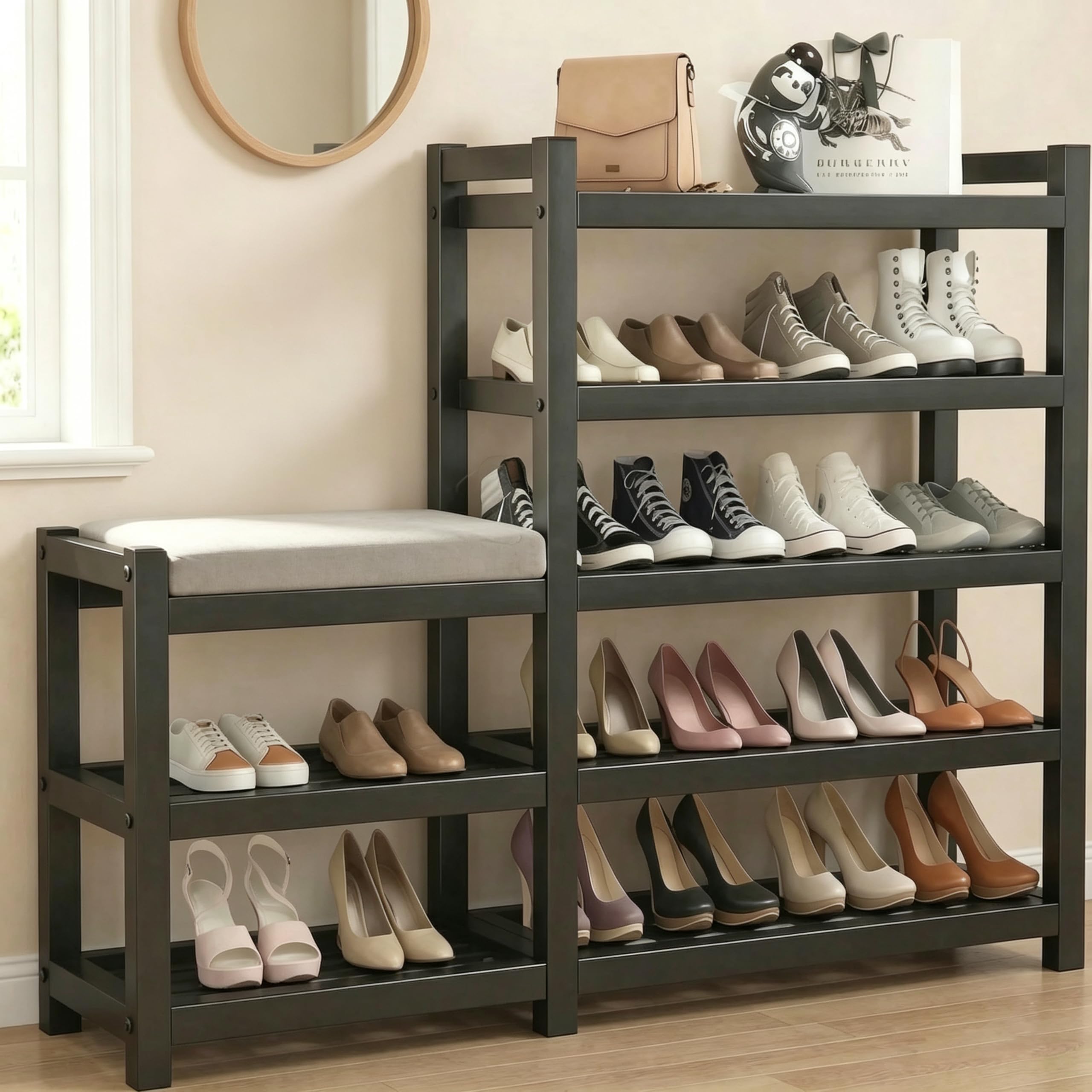 Shoe Storage Bench，Shoe Rack，Shoe Bench, 5 Tier Shoe Organizer Shelf，Shoe Rack with Padded Seat