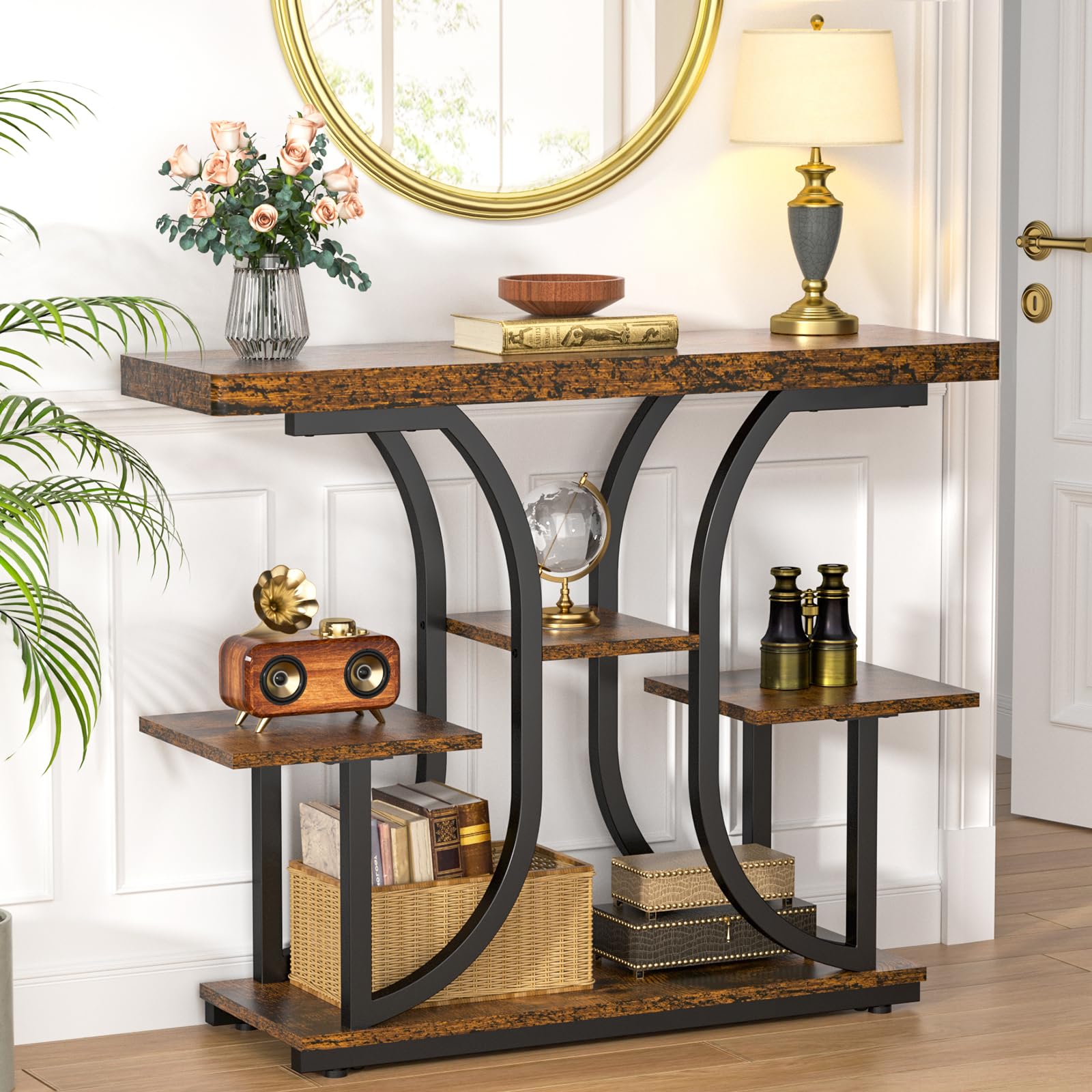 ikkle Console Table, 37'' Hallway Table Behind Sofa Table with Curved Base, Industrial 4-Tier Narrow Wood Slim Console Table with Storage for Living