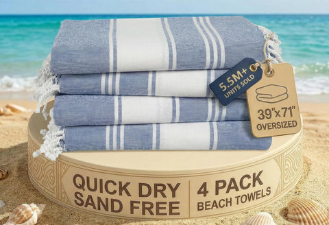 Lane Linen Beach Towels 4 Pack Oversized - Cotton Rich Turkish Towel Set, Pre-Washed Oversized Beach Towel, Quick Dry Beach Towels For Travel