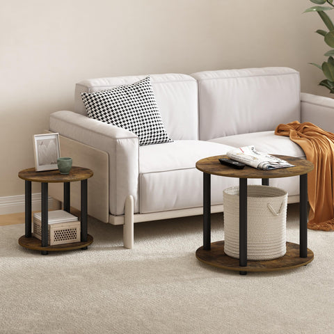 Furinno TURN-N-TUBE Side Table, 2-Tier Small Round End Table with Open Shelf, Toolless Assembly Night Stand, Bedside Table, for Living Room, Bedroom
