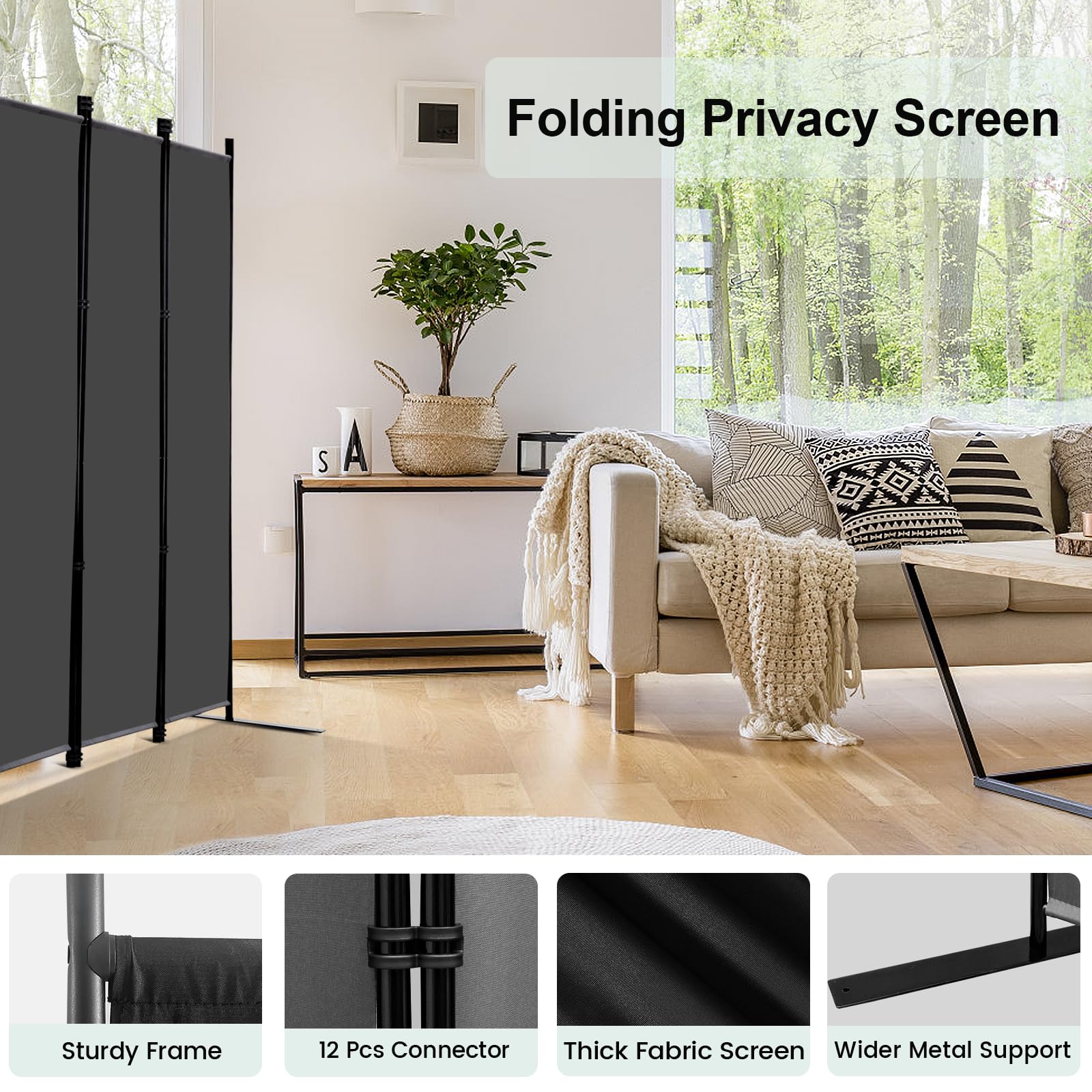 KEORTUN 4-Panel Room Dividers and Folding Privacy Screens 203W x183H cm Office Partition Freestanding Divider for Home Office, Grey