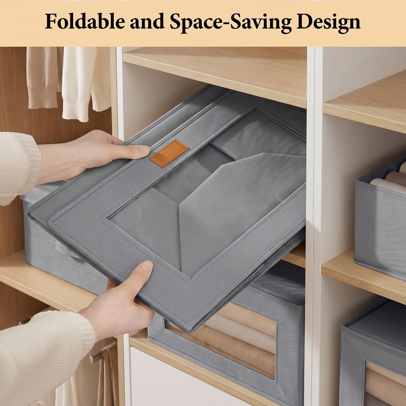 2 Pack Wardrobe Storage Boxes with Lids, Clear Window 37L Large Clothes Storage, Collapsible Storage Box with PU Handles