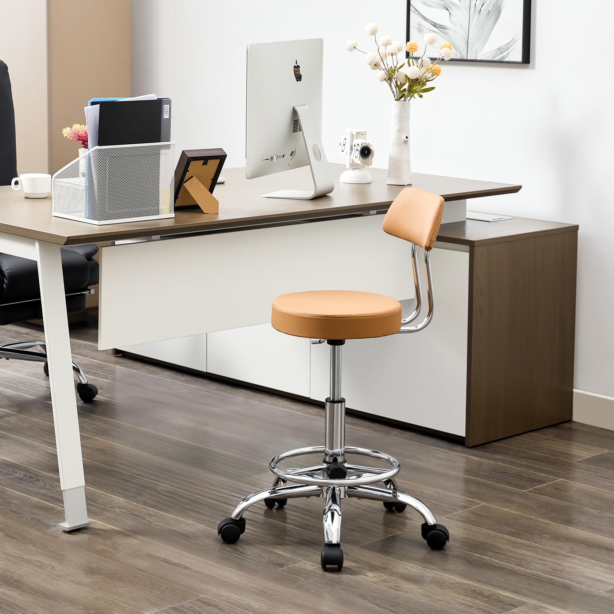 FIRAVOE Ergonomic Rolling Office Stool Chair with Backrest, Swivel Armless Desk Chair with Adjustable Footrest