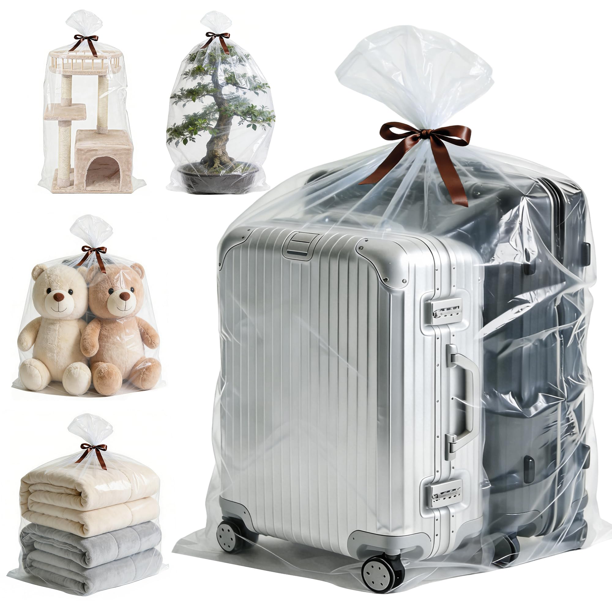 5-Pack Jumbo 100x150cm Clear Plastic Storage Bags with Ties, 2 Mil Heavy-Duty Protection for Oversized Items, Car Seats, Strollers, Suitcases
