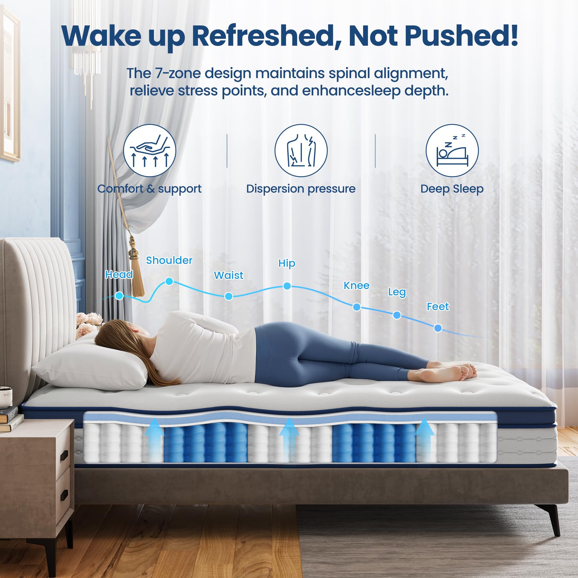 BedStory Single Mattress 3FT, 7.8 Inch Hybrid Mattress, 7-Zone Mattress with Breathable Foam and Individually Pocket Sprung Firm- Extra Lumbar