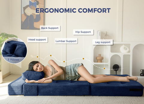 MAXYOYO Folding Foam Sofa Bed, Tri-Fold Mattress with 2 Pillows, Convertible Sofa Chair Futon Z Bed with 15cm Thincken Foam