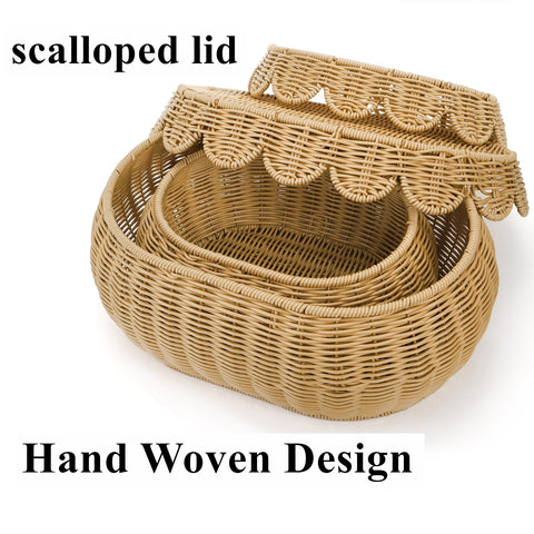 Tebery Set of 2 Wicker Storage Baskets with Lid, Hand Woven Scalloped Basket Boxes for Shelf, Sturdy Rattan Storage Bin Organizer for Home Decoration