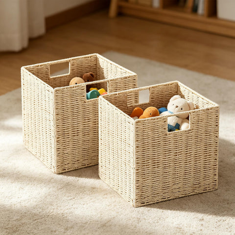 Vagusicc Wicker Storage Baskets, Set of 2 Hand-Woven Paper Rope Foldable Cube Bins Organizer, 11 Inch Square for Shelves Pantry Organizing Decor