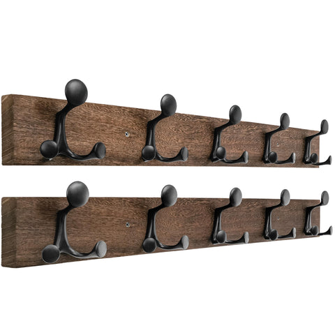 HONSKY Wall Mounted Coat Rack, 76cm Solid Paulownia Wood Base,5 Black Sturdy Aluminium Alloy Triple Hooks(15 Hanging Points)
