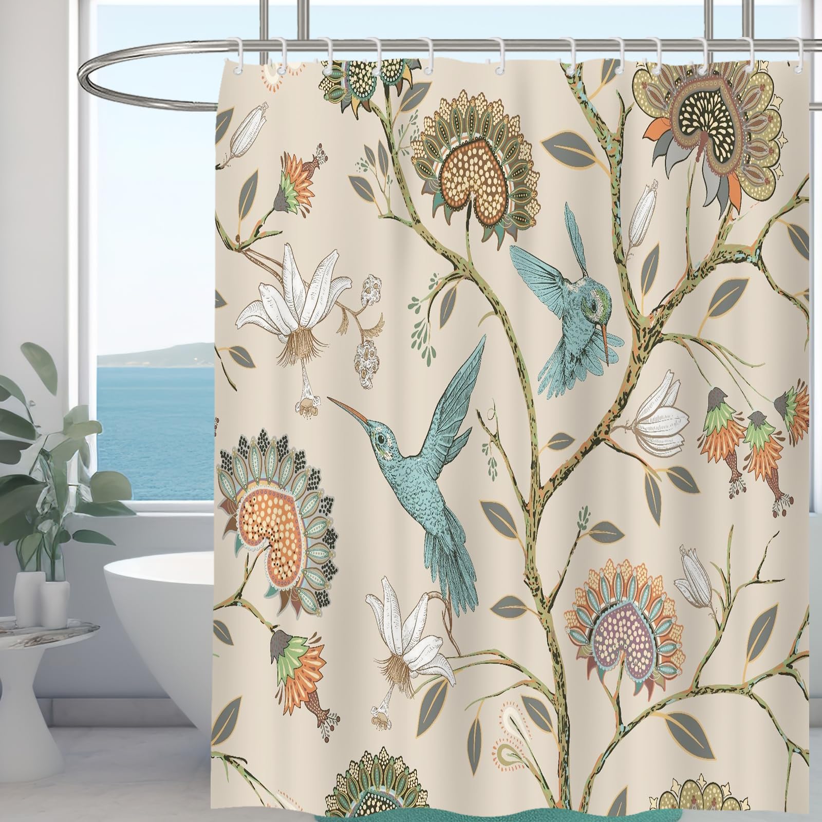 Minicoco Integrated Room Shower Curtain 100% Polyester Waterproof Mould Proof Floral Shower Curtain with 12 Hooks, 180 x 180 cm (White Flower Bird)