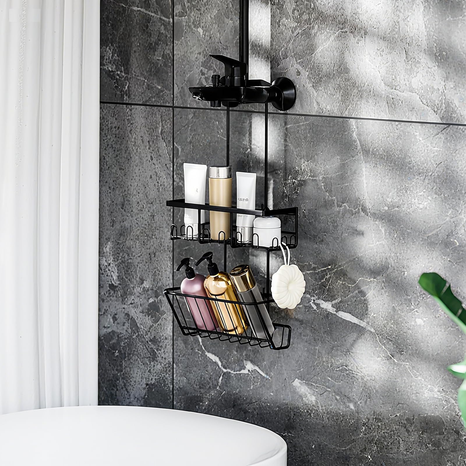 RUIHANDA 2-Tier Shower Caddy Hanging, Shower Caddy No Drilling, Black