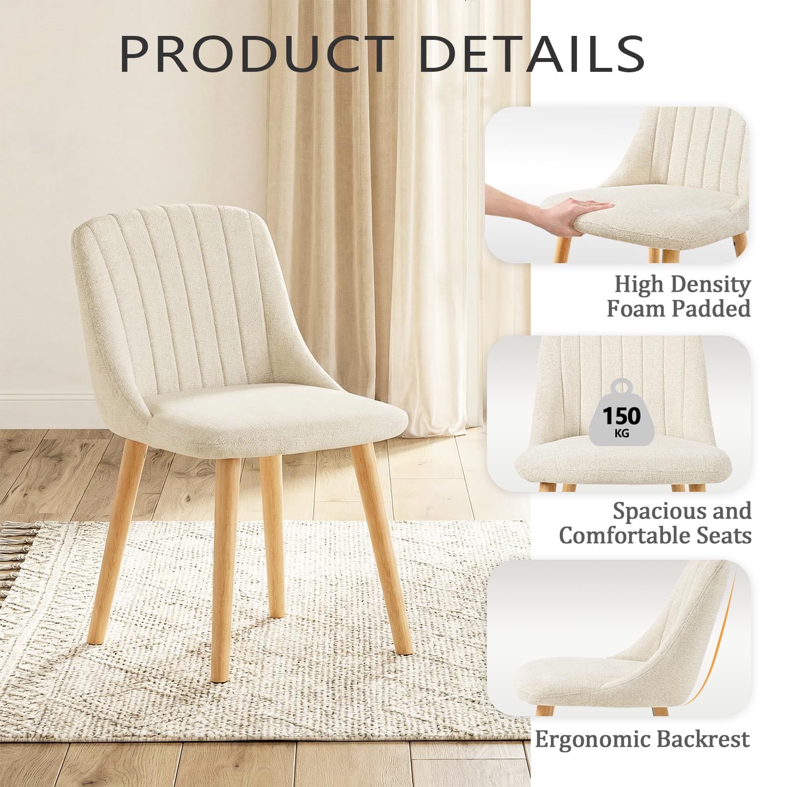 Goeurvant Dining Chairs Set of 4 Upholstered Armchairs with Wooden Legs Kitchen Chairs for Living Room, Beige-Chenille