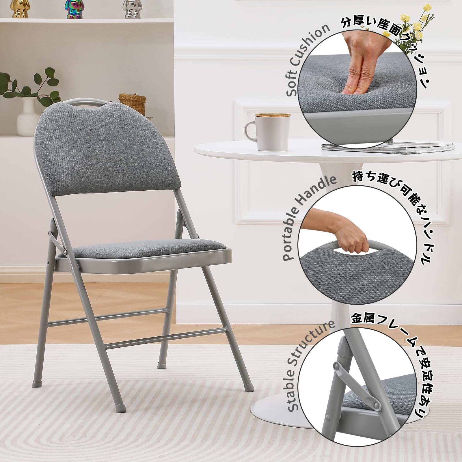 KAIHAOWIN Metal Folding Chairs Set of 2 Padded Foldable Comfortable Chairs with Extended Backrest and Handle Hole for Indoor Easy to Carry-Gray