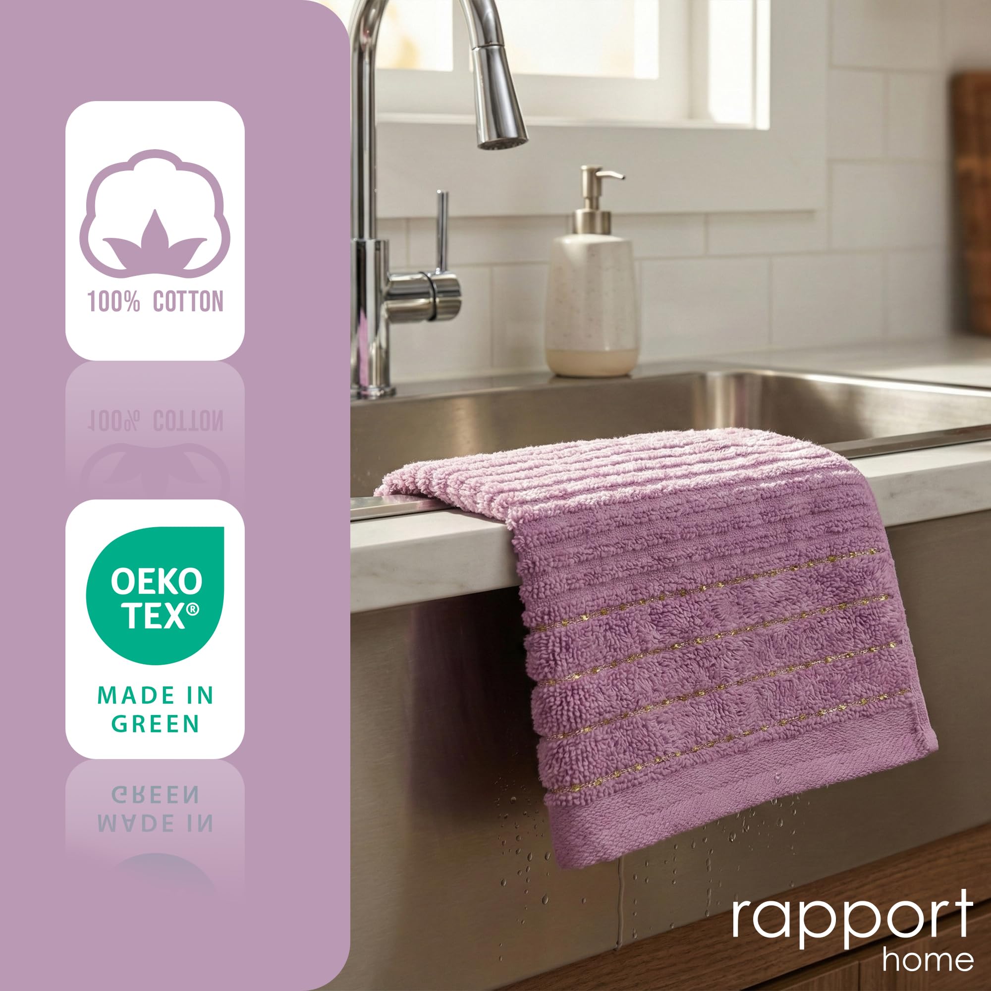 Rapport Home 2-Pack Linear Hand Towels | 50x85cm 100% Cotton 500GSM | Absorbent & Soft Bathroom Towel Set | Oeko-Tex Certified | Lavendar Pink