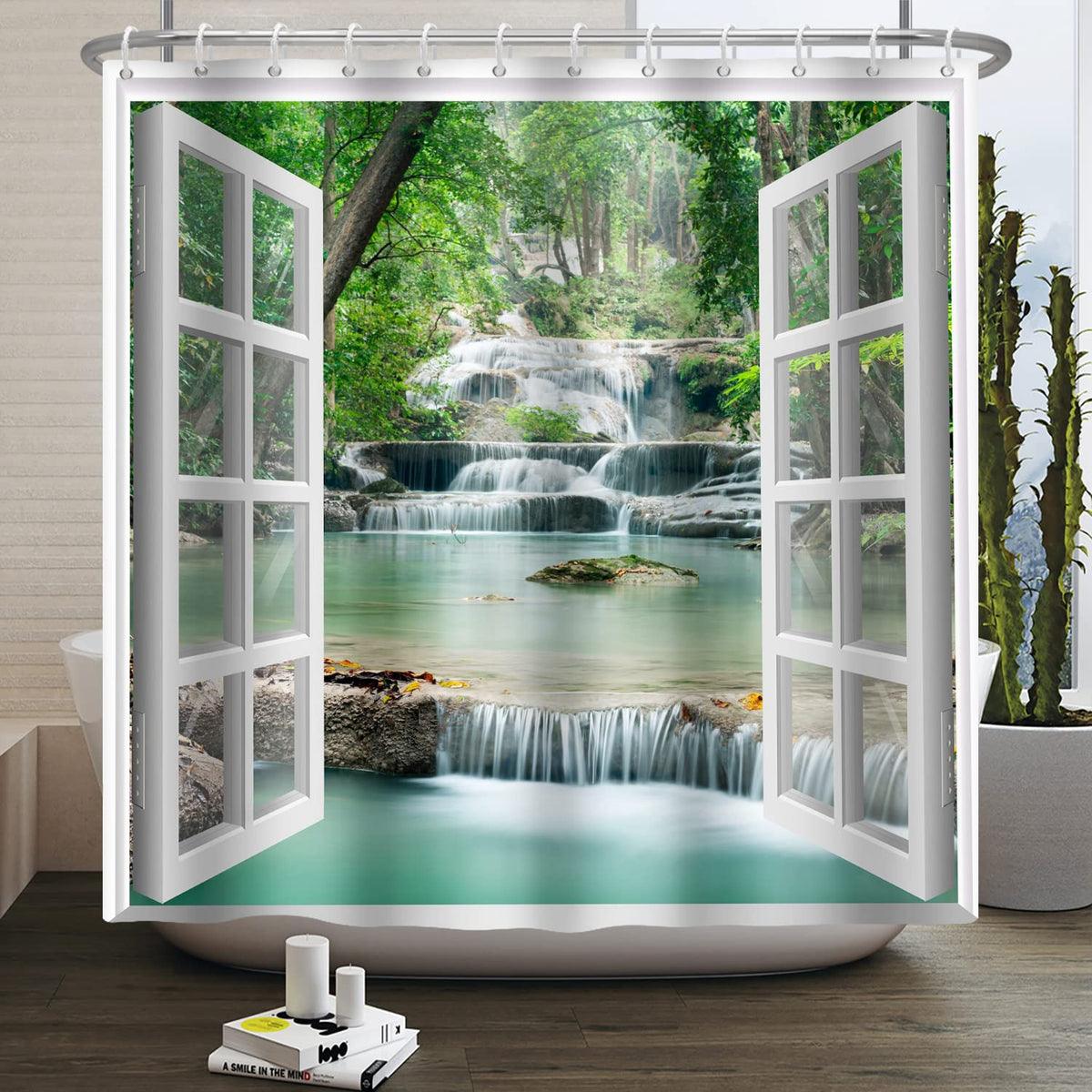 SDOTPMT 105x160cm Window View Shower Curtain Spring Waterfall Trees Natural Scenery Wilderness Landscape Bath Curtain White Window Picture Modern Art