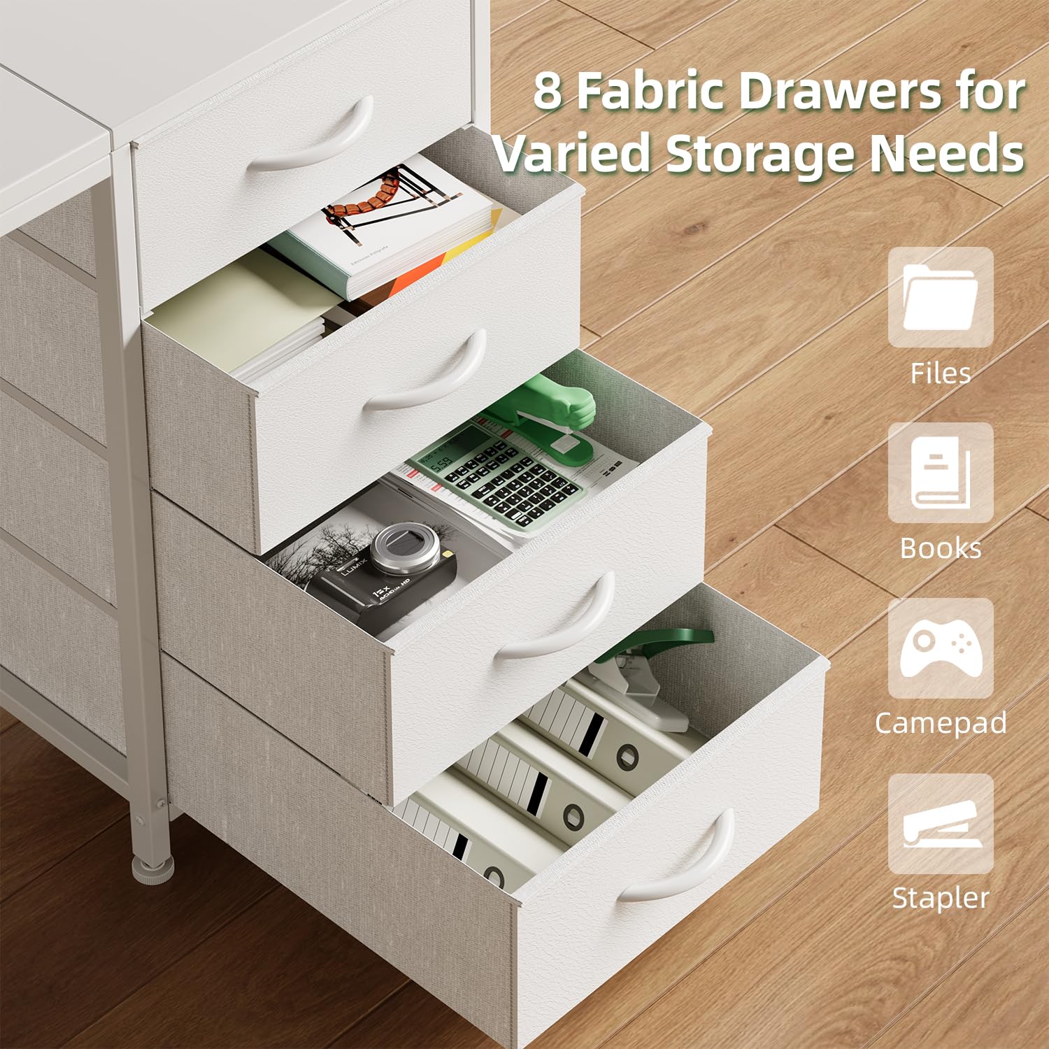 MUTUN 120cm Computer Desk with 8 Drawers, Home Office Desk with Power Outlets, Modern Table with Large Storage for Writing, Study, White