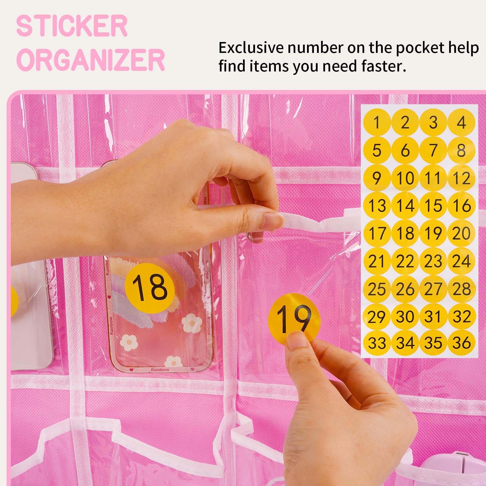 SAVORLIVING 36 Pocket Classroom Organizer, Phone Calculator Holder, Hanging Wall Door Caddy with Hooks and Number Stickers (Pink)