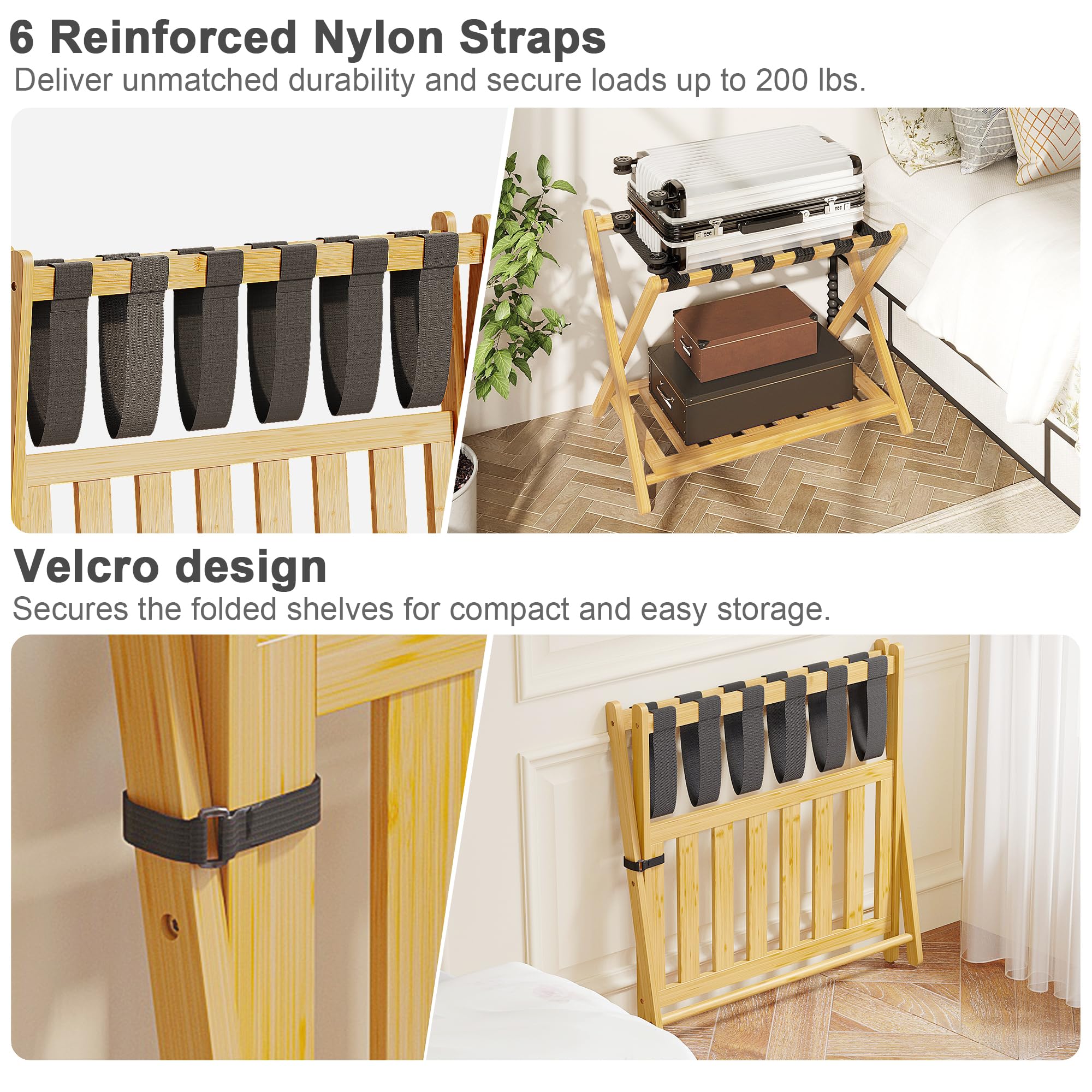 BAMBOOHOMIE Bamboo Luggage Rack for Guest Room, 26.77" Folding Wide Suitcase Stand with Storage Shelf