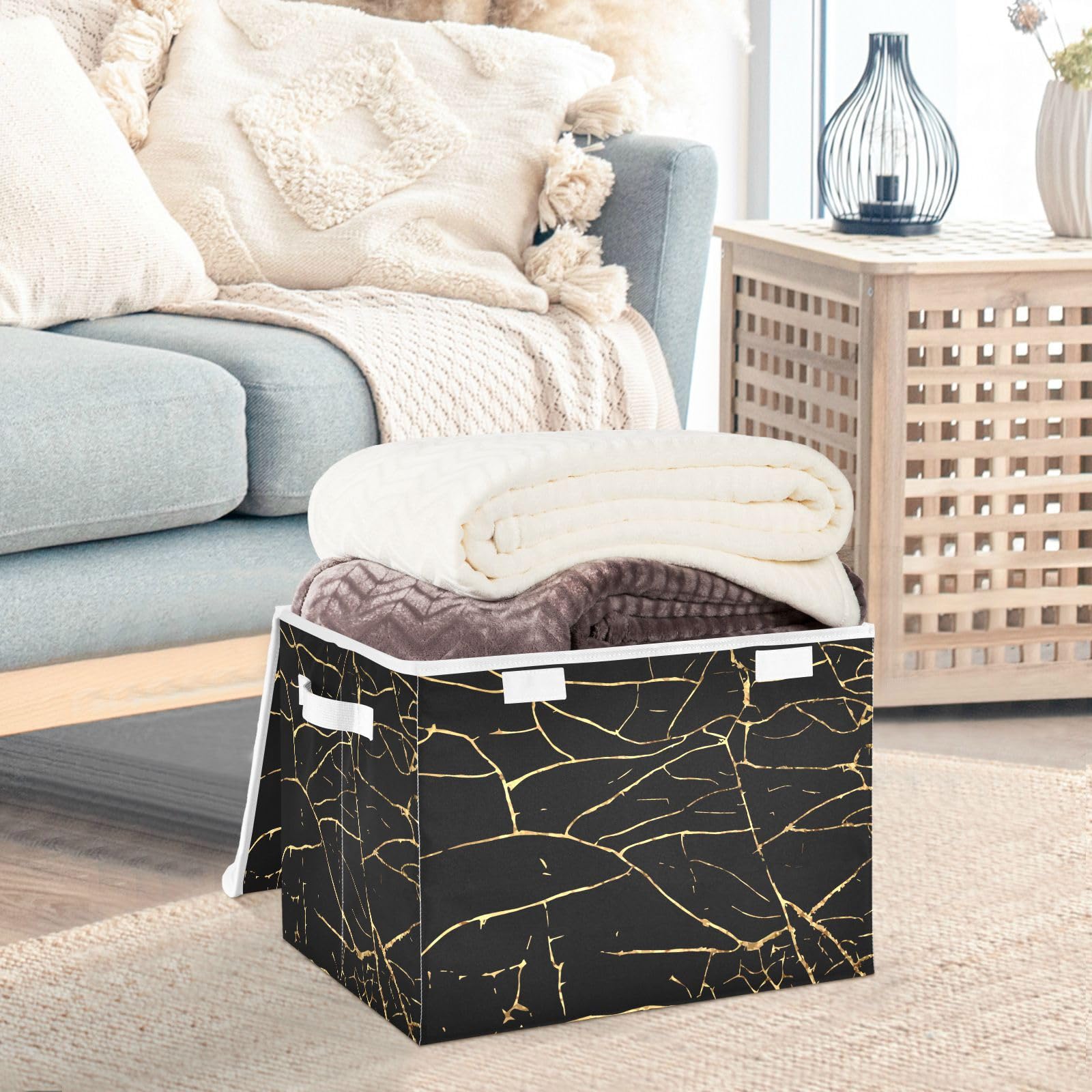 Storage Bin with Lid Gold Geometric Gold Marble Texture Foldable Storage Box Washable Fabric Storage Cubes Bin Organizer Basket Closet for Home