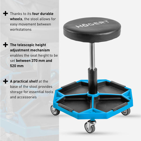 Högert Technik - Adjustable Workshop Stool | Telescopic Workshop Seat | Height Adjustment | Heavy Duty Construction | Maximum Load 140kg