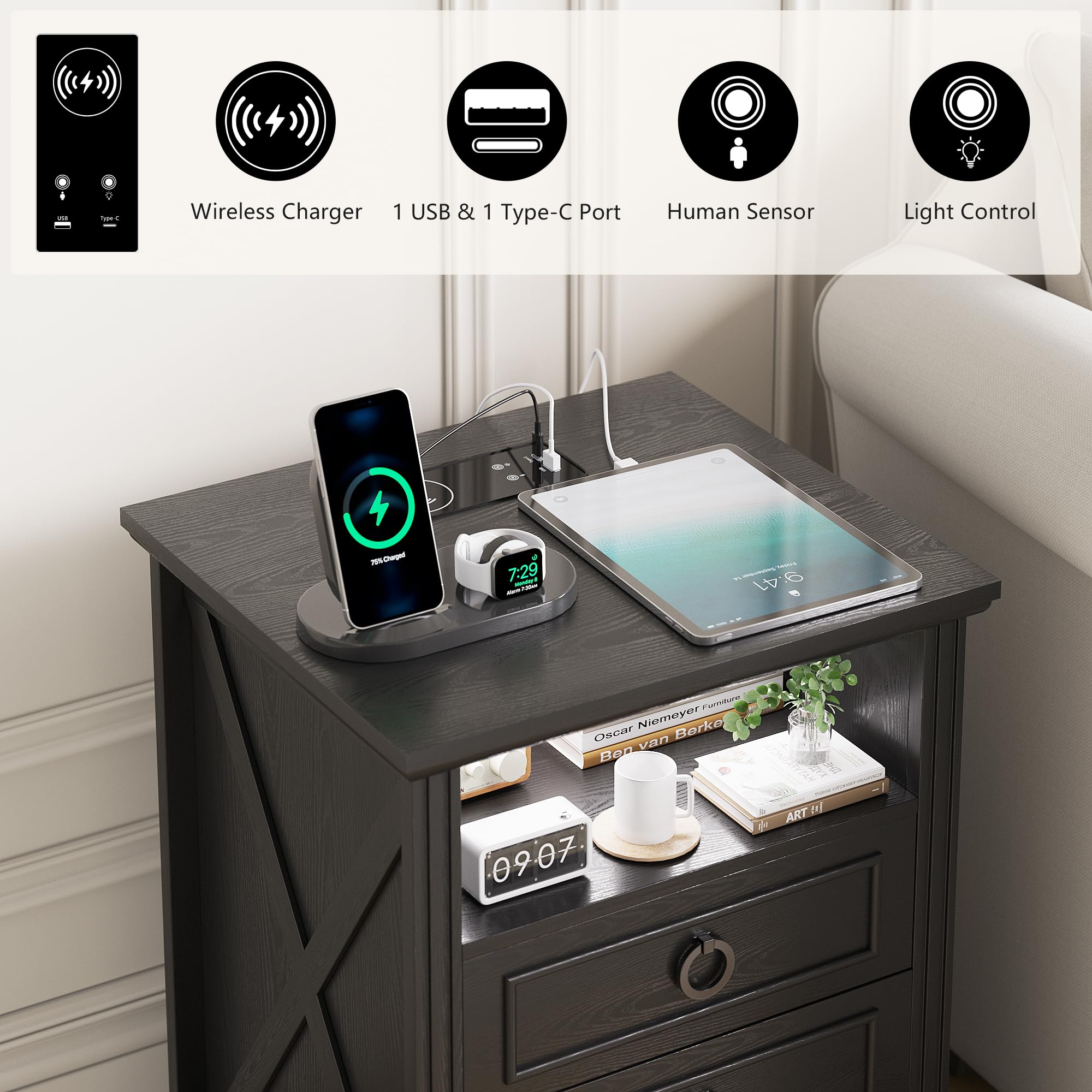 FREDEES LED Bedside Table with Charging Station, Black