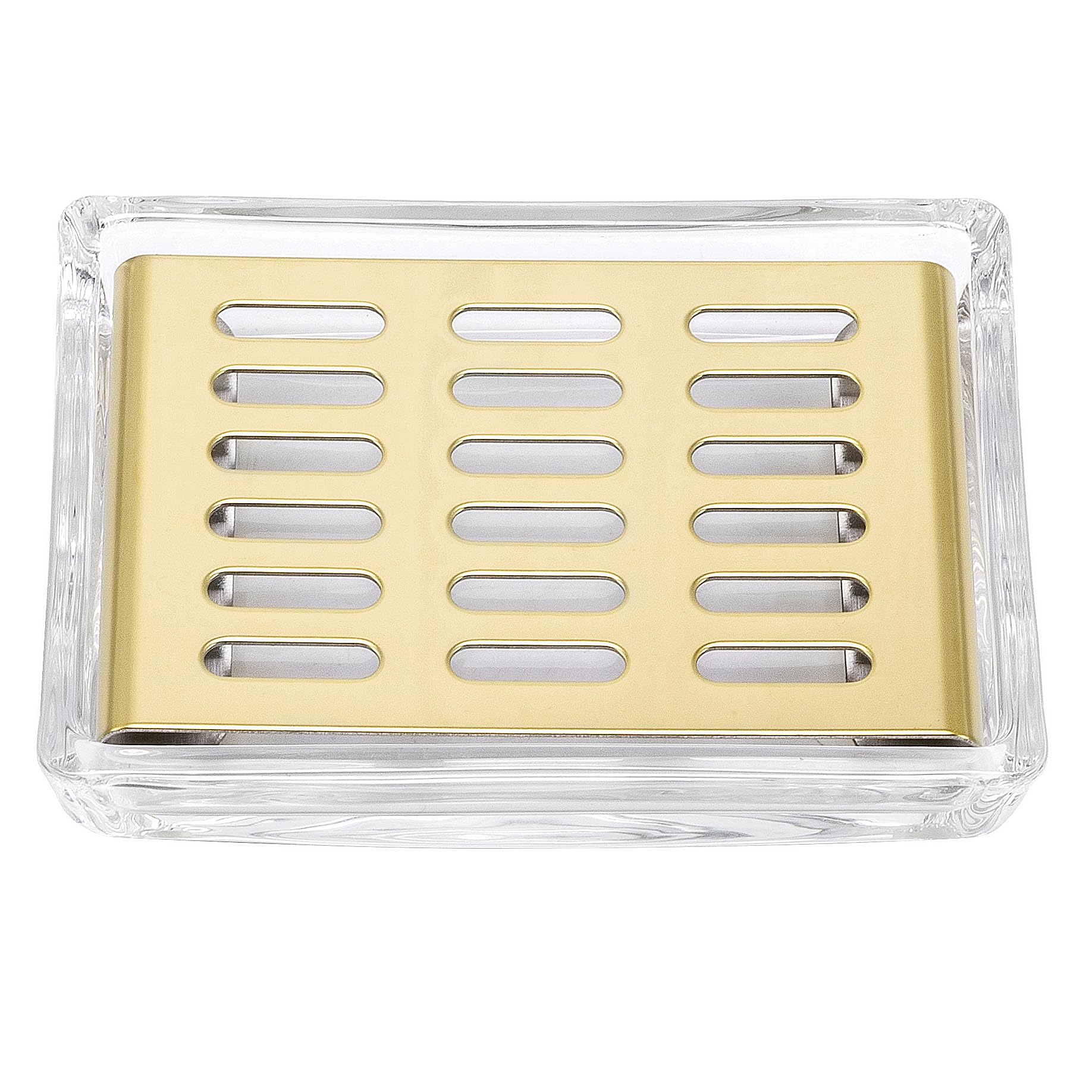 Glass Soap Dish (11.3 x 8.5 x 2.4cm) Stainless Steel Soap Holder for Bathroom and Shower Double Layer Draining Soap Box (Gold tray)