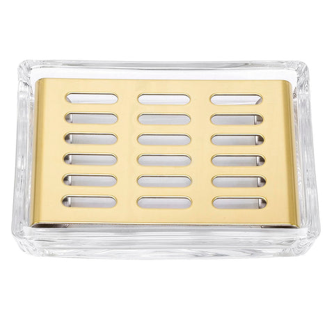 Glass Soap Dish (11.3 x 8.5 x 2.4cm) Stainless Steel Soap Holder for Bathroom and Shower Double Layer Draining Soap Box (Gold tray)