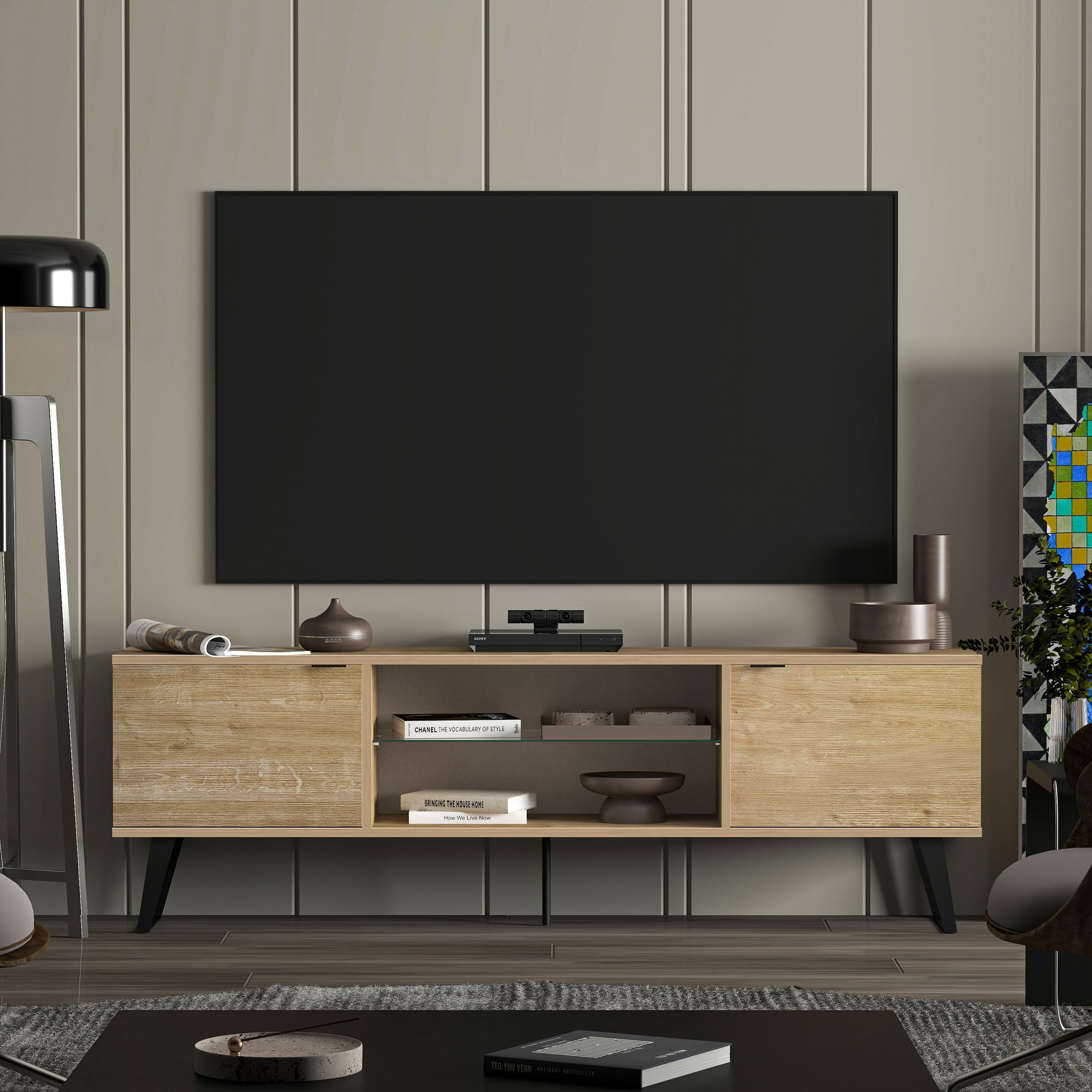 Uniqtrio TV Stand Cabinet | Walnut TV Unit with Glass Shelf | TV Cabinet | TV Stand Unit | TV Units for Living Room | TV Table |Soft Closing Hinges