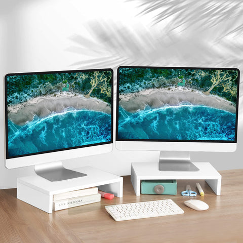 TEAMIX White Monitor Stand Riser-2 Pack,Wood 2 Tier Adjustable Dual Monitor Riser for 2 Monitors/Laptop/PC Computer Stand for Desk