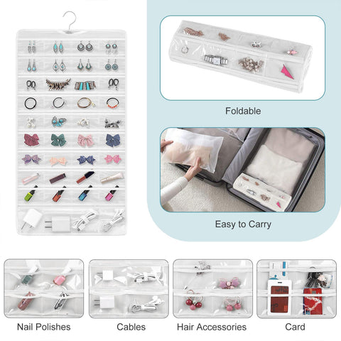 Linkstyle 80 Pocket Hanging Jewellery Organiser, Double-Sided Travel Jewelry Storage Roll, Jewelry Holder Bag with Hook, 1PCS
