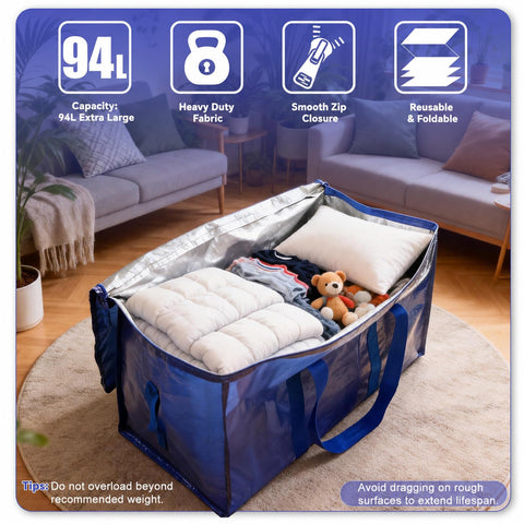 Tapwish 94L Extra Large Heavy Duty Storage Bags with Zips, Blue, 6 Pack