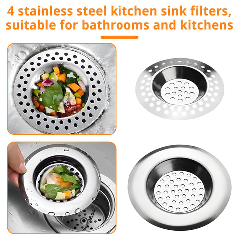 4 PCS Drain Hair Catcher, Stainless Steel Kitchen Sink Strainer Plug Shower Bathroom Plug Hole Sink Filter, Drain Protector Filter(7.3CM, 7.7CM)