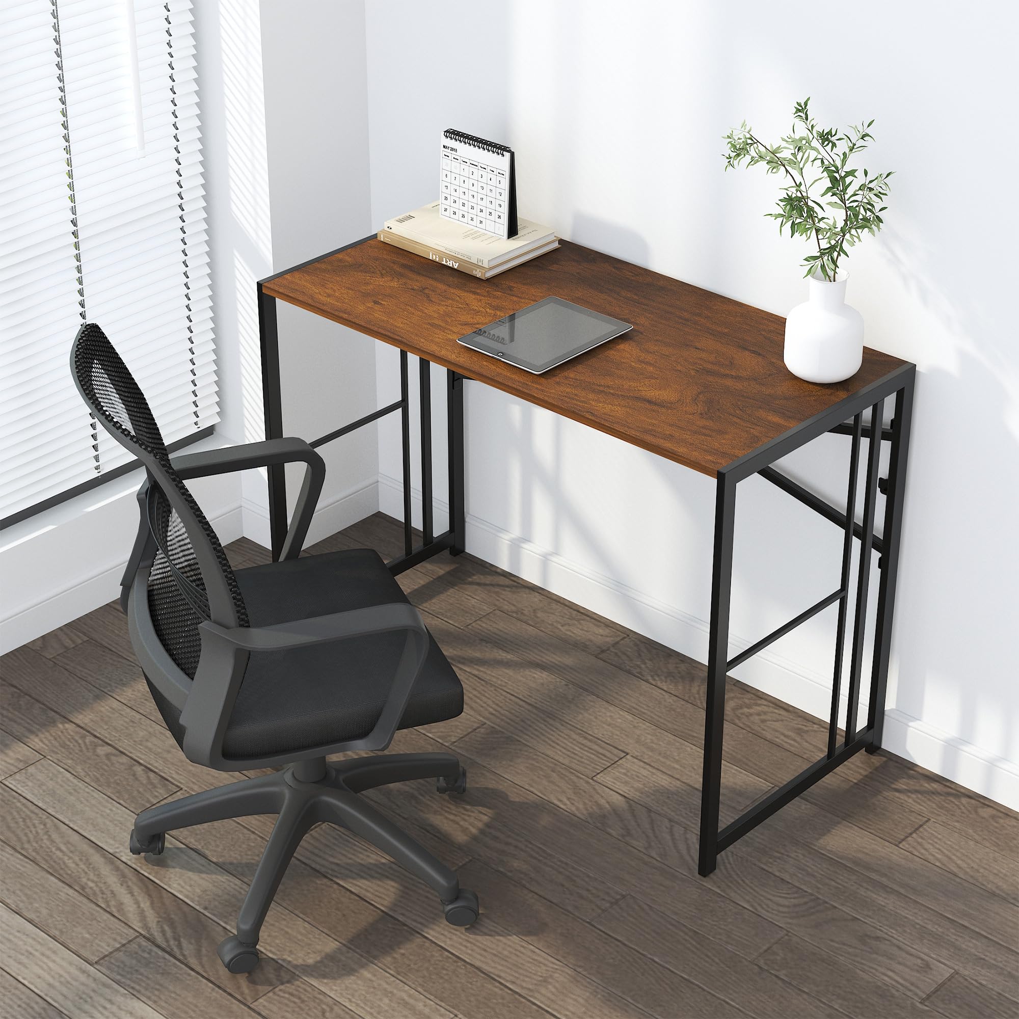 Lutown-Teen Folding Computer Desk 103 cm No Assembly Required, Mahogany