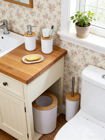 JETAINE 6 Pieces Bamboo Bathroom Accessories Modern Bathroom Accessory Set Luxury Bathroom Bin and Toilet Brush Set