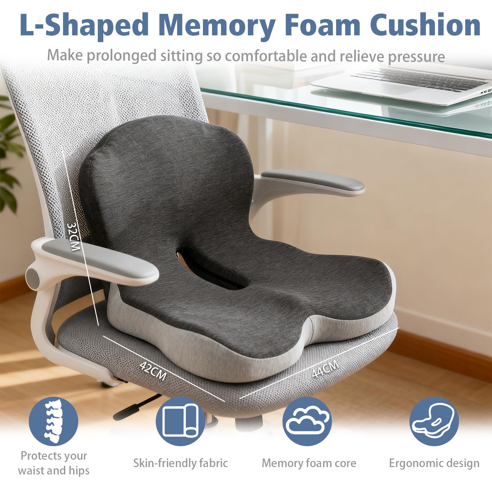 Orthopedic Seat Cushion with Lumbar Support, Memory Foam Coccyx Cushion